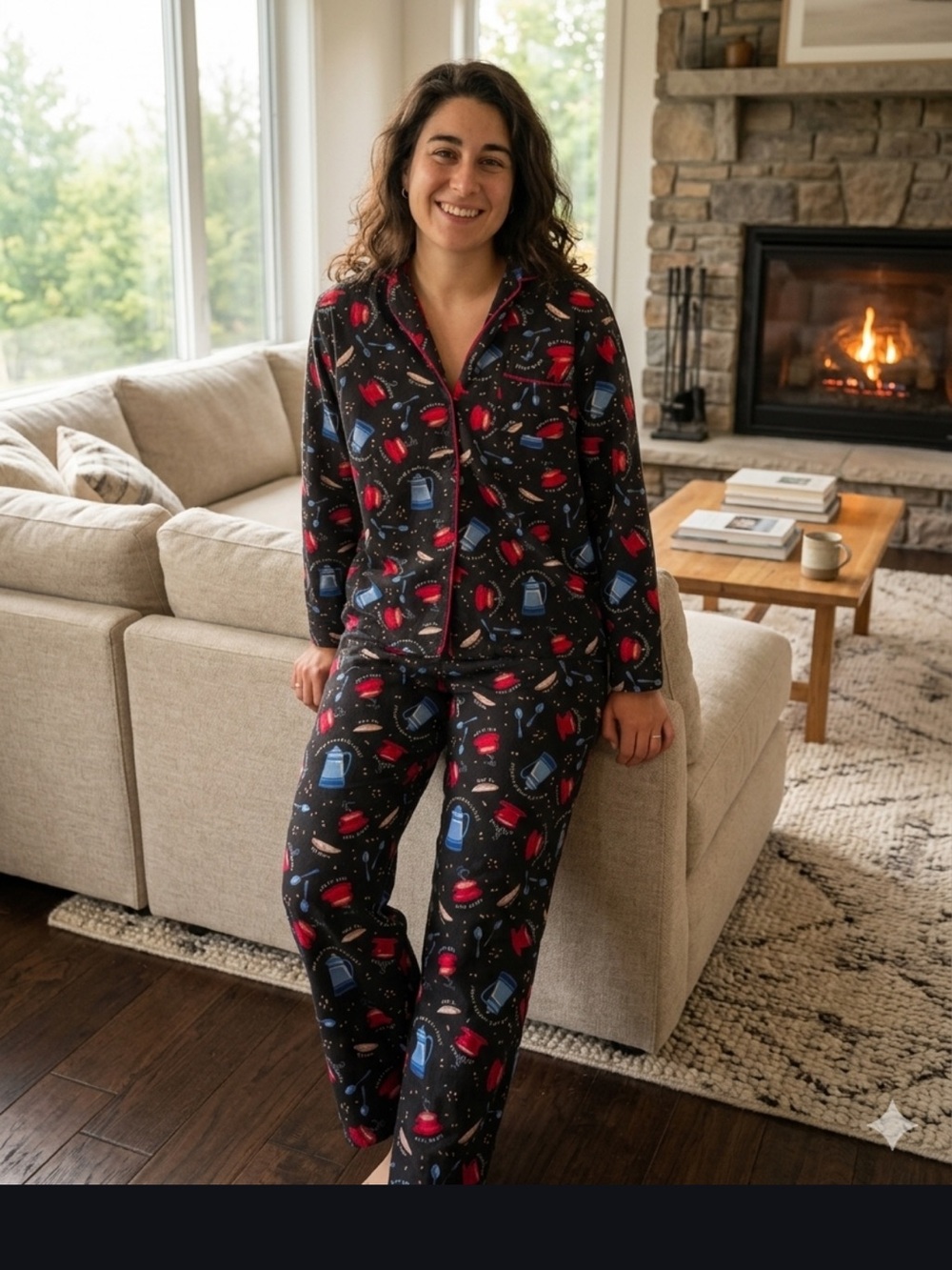 delicates Black Pajama Set with Red and Blue coffee Motifs